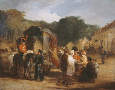 Le village de Waterloo, avec des voyageurs achetant les reliques trouvées sur le champ de bataille, 1815, vers 1821 - George Jones